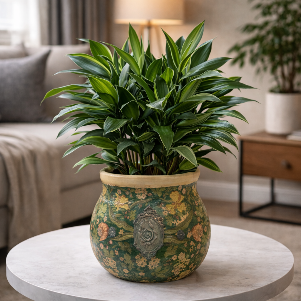 green vintage floral pottery with the lush plant