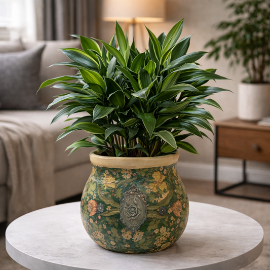 green vintage floral pottery with the lush plant