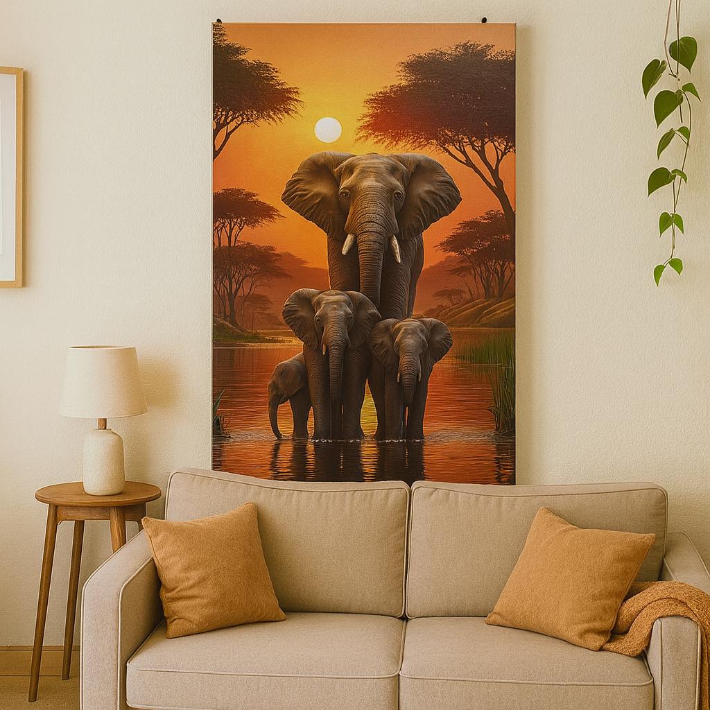 🐘 Elephant Family Journey Beneath the Sun – Decorative Canvas Art