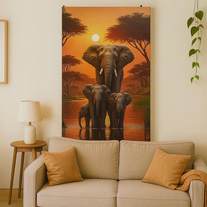 🐘 Elephant Family Journey Beneath the Sun – Decorative Canvas Art