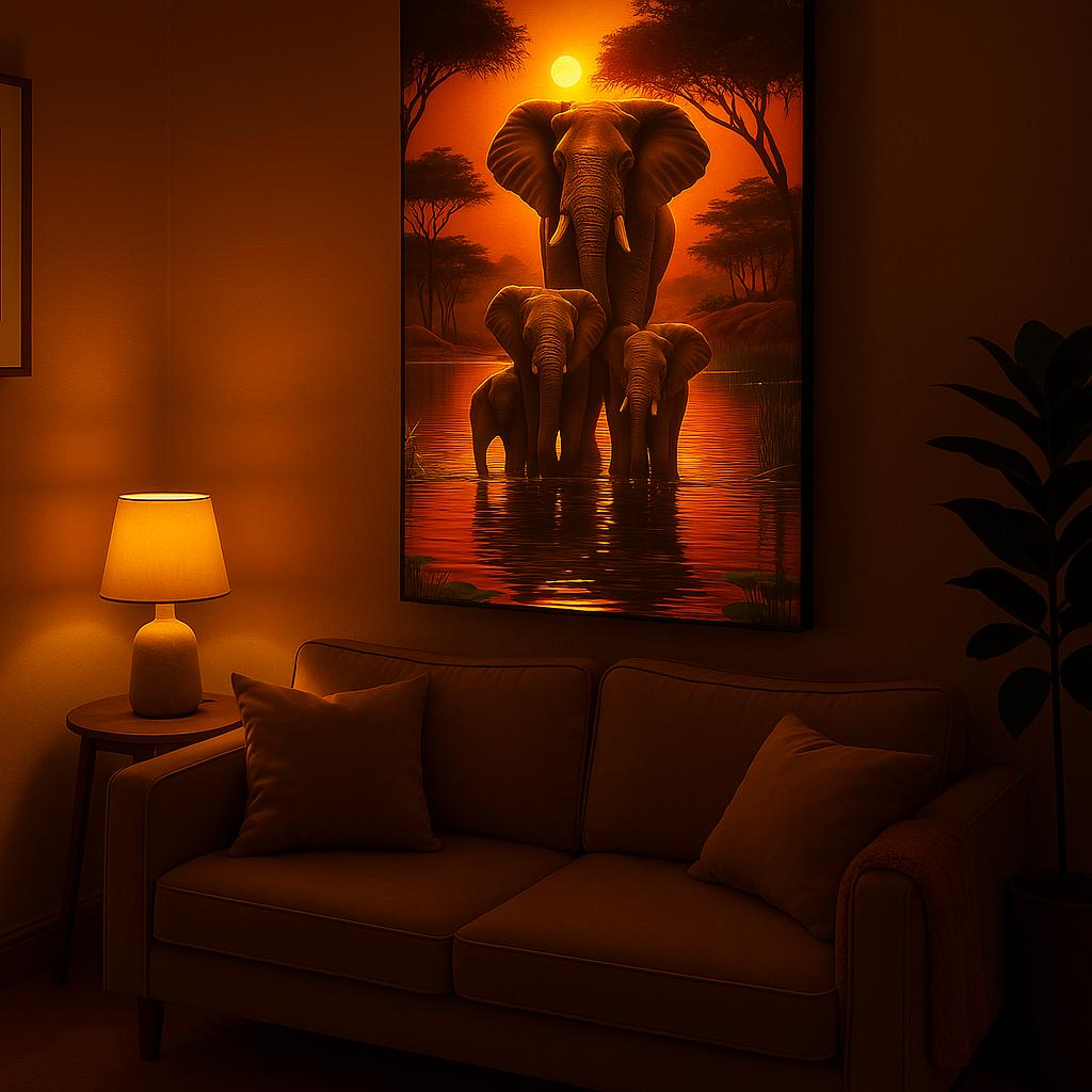 🐘 Elephant Family Journey Beneath the Sun – Decorative Canvas Art