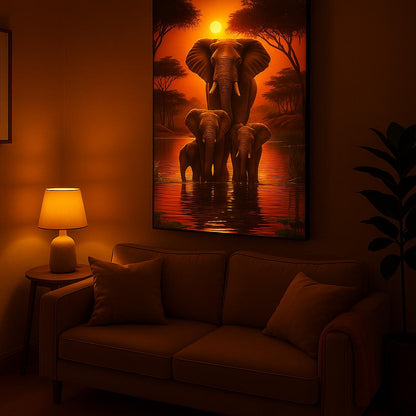 🐘 Elephant Family Journey Beneath the Sun – Decorative Canvas Art